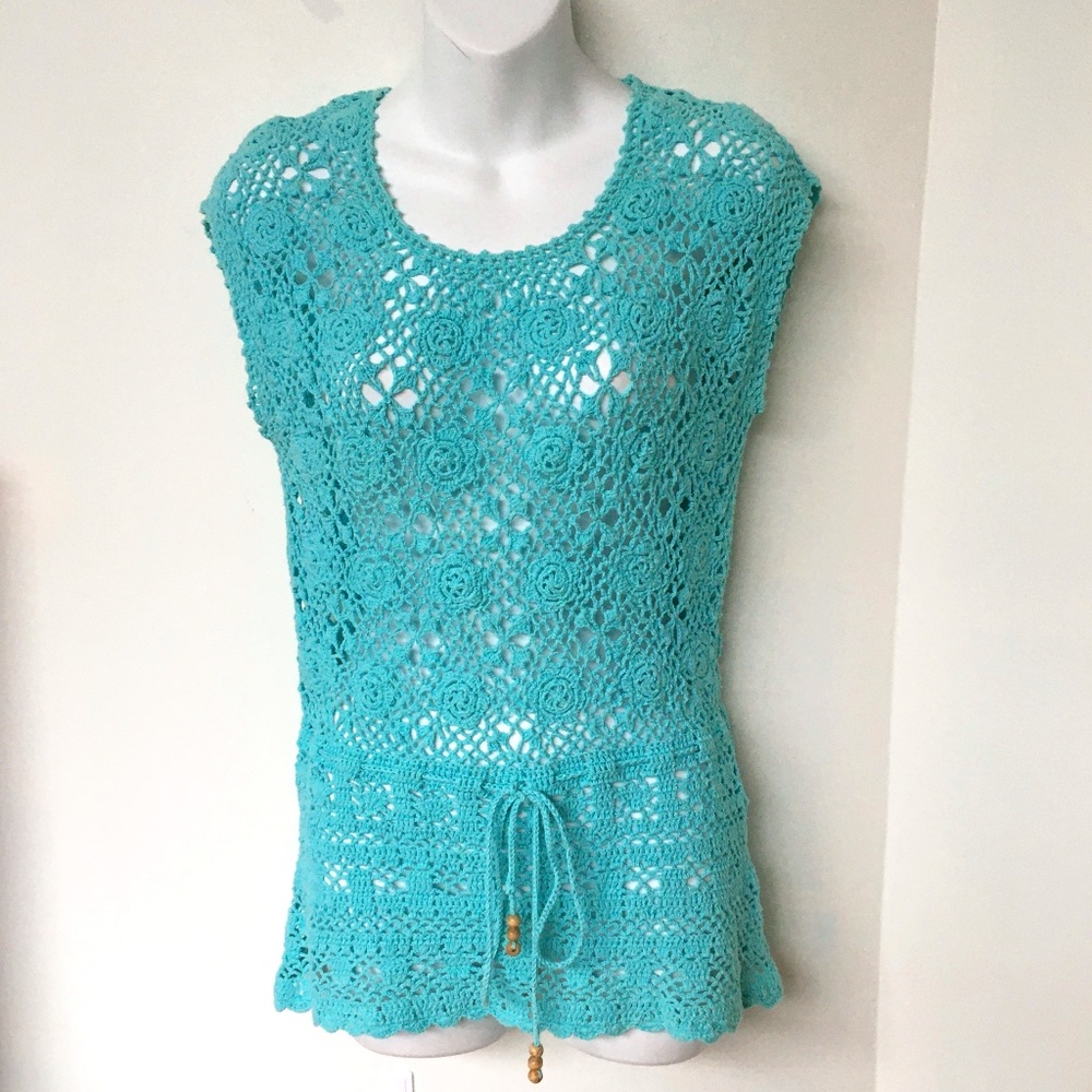 Blumind Crochet Top Teal Sleeveless L Cottagecore Pull On Cotton Drawstring